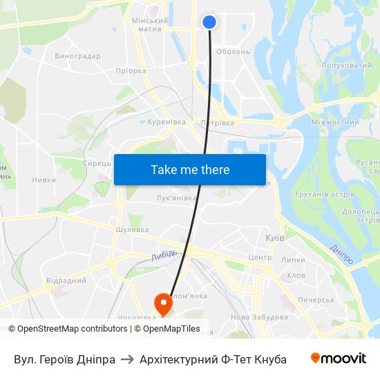 Вул. Героїв Дніпра to Архітектурний Ф-Тет Кнуба map