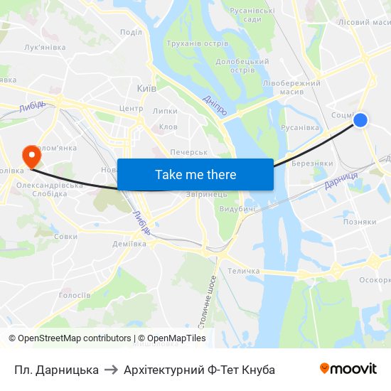 Пл. Дарницька to Архітектурний Ф-Тет Кнуба map