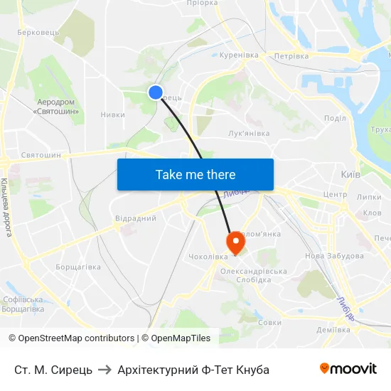 Ст. М. Сирець to Архітектурний Ф-Тет Кнуба map