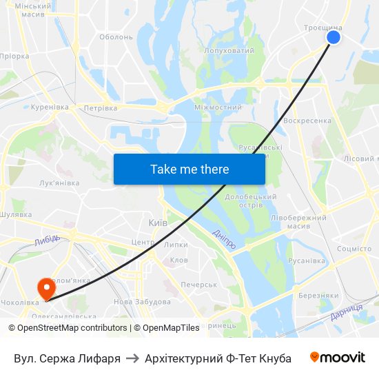 Вул. Сержа Лифаря to Архітектурний Ф-Тет Кнуба map