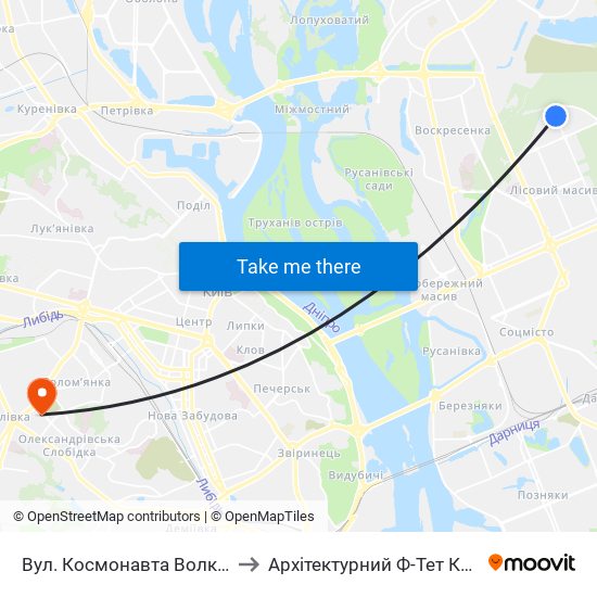 Вул. Космонавта Волкова to Архітектурний Ф-Тет Кнуба map