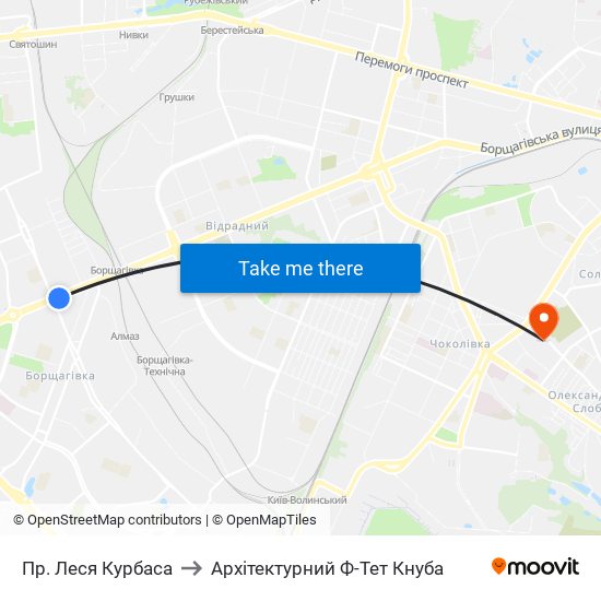 Пр. Леся Курбаса to Архітектурний Ф-Тет Кнуба map