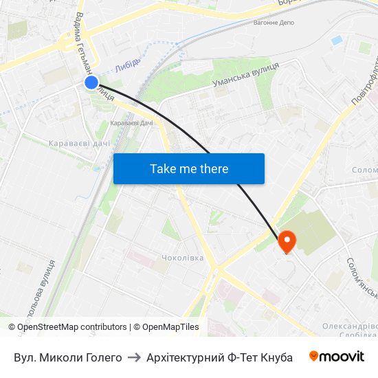 Вул. Миколи Голего to Архітектурний Ф-Тет Кнуба map