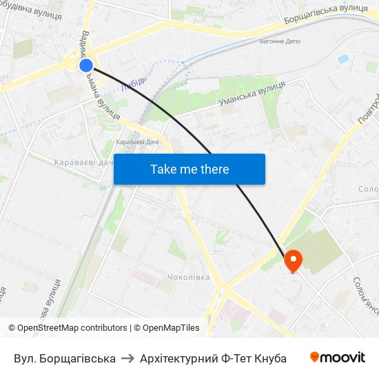 Вул. Борщагівська to Архітектурний Ф-Тет Кнуба map