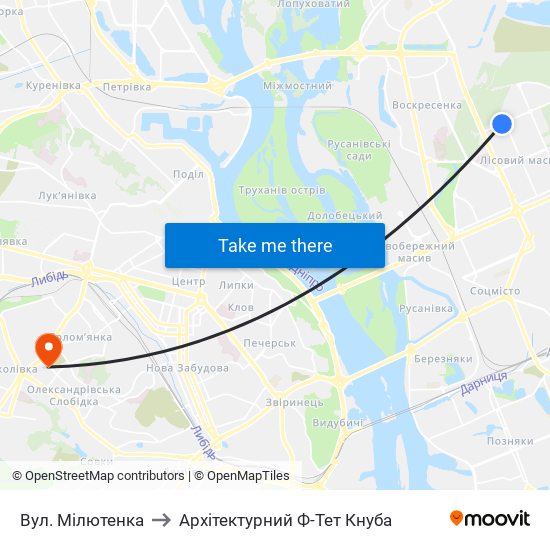 Вул. Мілютенка to Архітектурний Ф-Тет Кнуба map