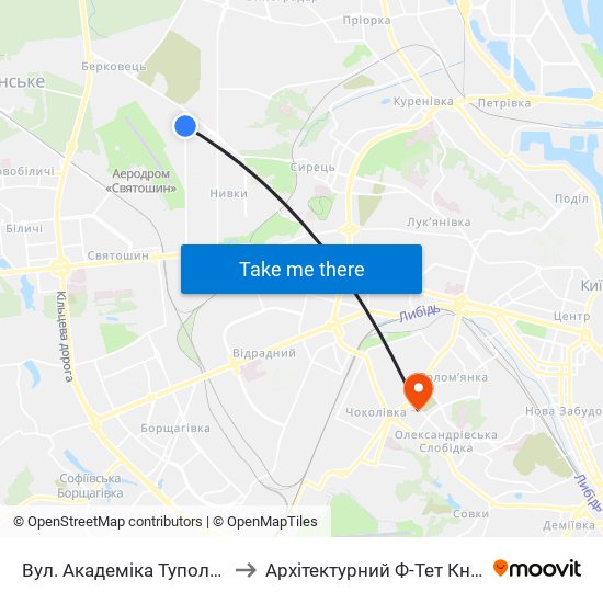 Вул. Академіка Туполєва to Архітектурний Ф-Тет Кнуба map