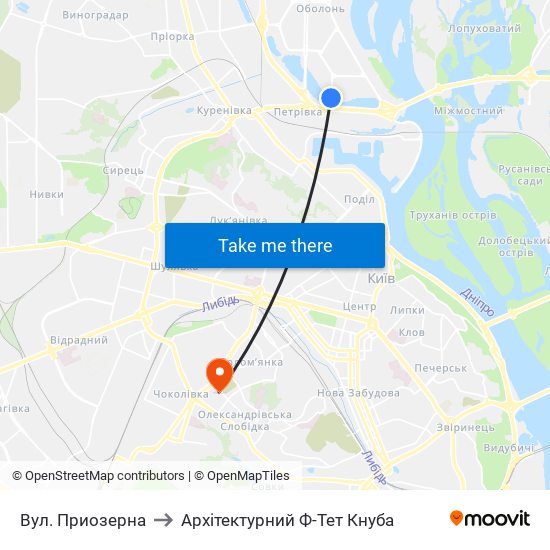 Вул. Приозерна to Архітектурний Ф-Тет Кнуба map