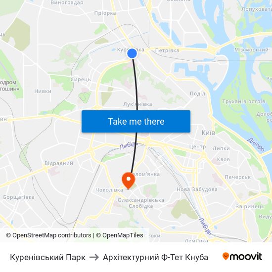 Куренівський Парк to Архітектурний Ф-Тет Кнуба map