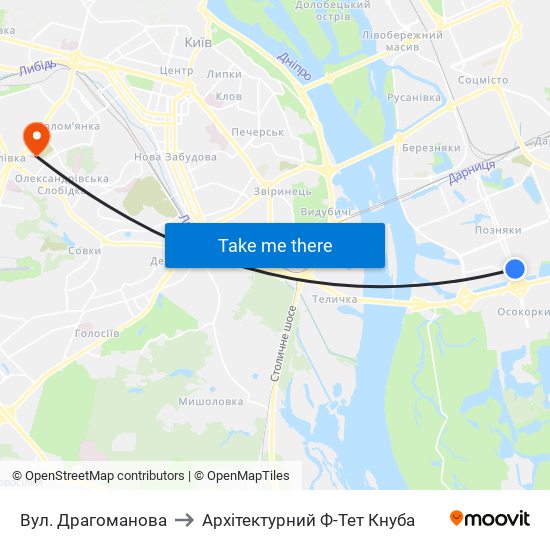 Вул. Драгоманова to Архітектурний Ф-Тет Кнуба map