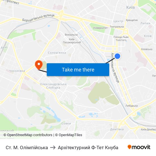 Ст. М. Олімпійська to Архітектурний Ф-Тет Кнуба map