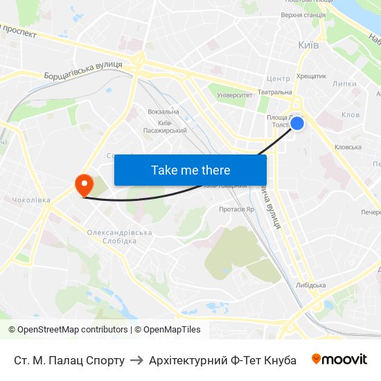 Ст. М. Палац Спорту to Архітектурний Ф-Тет Кнуба map