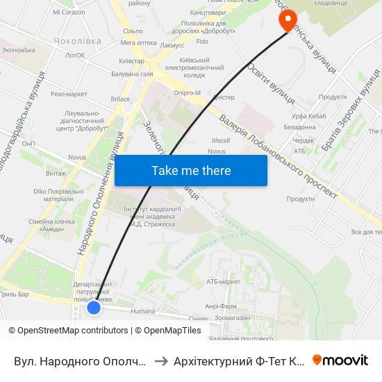 Вул. Народного Ополчення to Архітектурний Ф-Тет Кнуба map