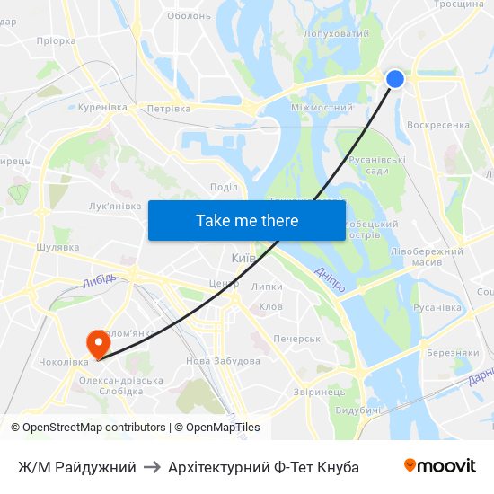 Ж/М Райдужний to Архітектурний Ф-Тет Кнуба map