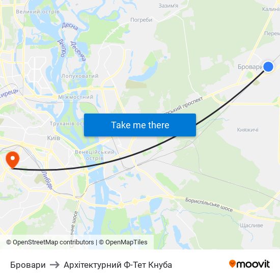 Бровари to Архітектурний Ф-Тет Кнуба map