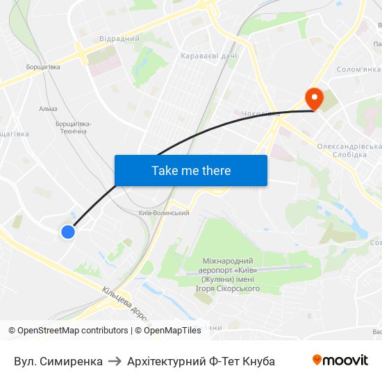 Вул. Симиренка to Архітектурний Ф-Тет Кнуба map