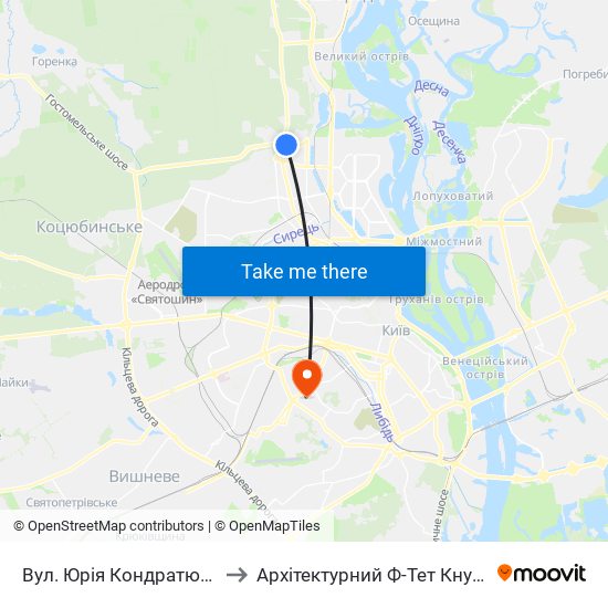 Вул. Юрія Кондратюка to Архітектурний Ф-Тет Кнуба map