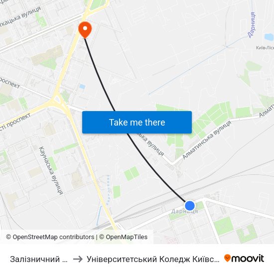 Залізничний Вокзал Дарниця to Університетський Коледж Київського Університету Ім. Б. Грінченка map