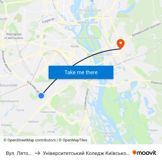 Вул. Лятошинського to Університетський Коледж Київського Університету Ім. Б. Грінченка map