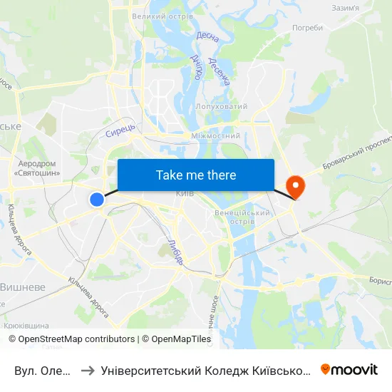 Вул. Олекси Тихого to Університетський Коледж Київського Університету Ім. Б. Грінченка map