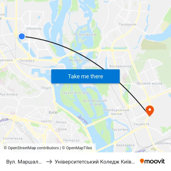 Вул. Маршала Малиновського to Університетський Коледж Київського Університету Ім. Б. Грінченка map