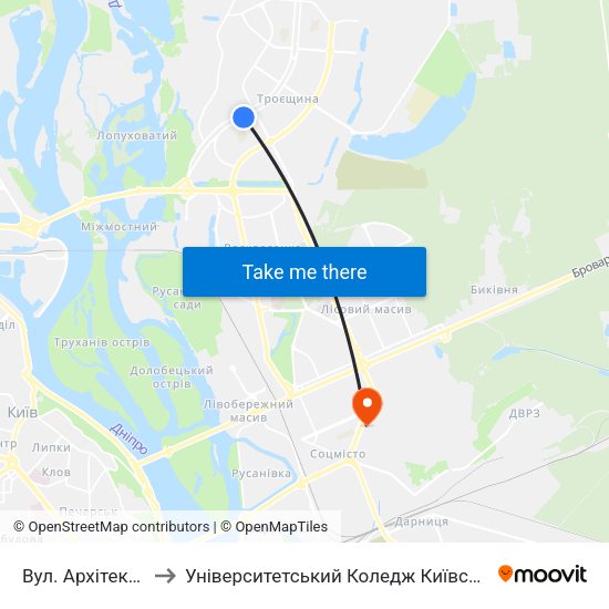 Вул. Архітектора Ніколаєва to Університетський Коледж Київського Університету Ім. Б. Грінченка map