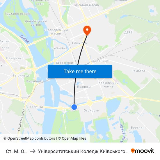 Ст. М. Осокорки to Університетський Коледж Київського Університету Ім. Б. Грінченка map