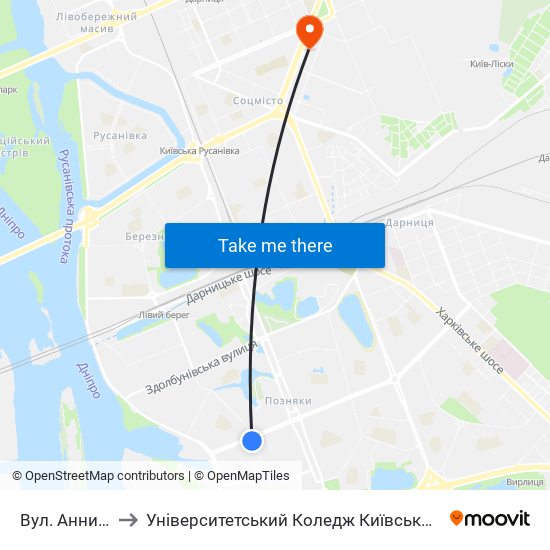 Вул. Анни Ахматової to Університетський Коледж Київського Університету Ім. Б. Грінченка map