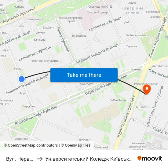 Вул. Червоноткацька to Університетський Коледж Київського Університету Ім. Б. Грінченка map