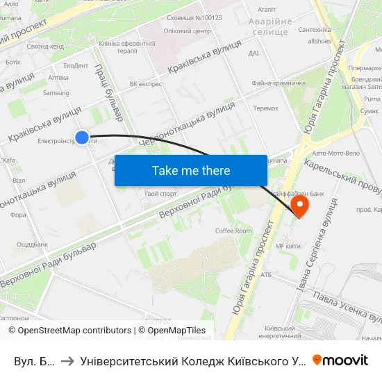 Вул. Бажова to Університетський Коледж Київського Університету Ім. Б. Грінченка map