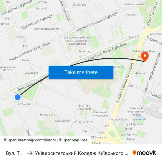 Вул. Тампере to Університетський Коледж Київського Університету Ім. Б. Грінченка map