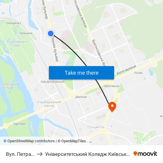 Вул. Петра Запорожця to Університетський Коледж Київського Університету Ім. Б. Грінченка map