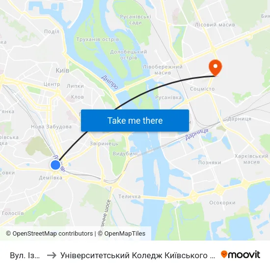 Вул. Ізюмська to Університетський Коледж Київського Університету Ім. Б. Грінченка map