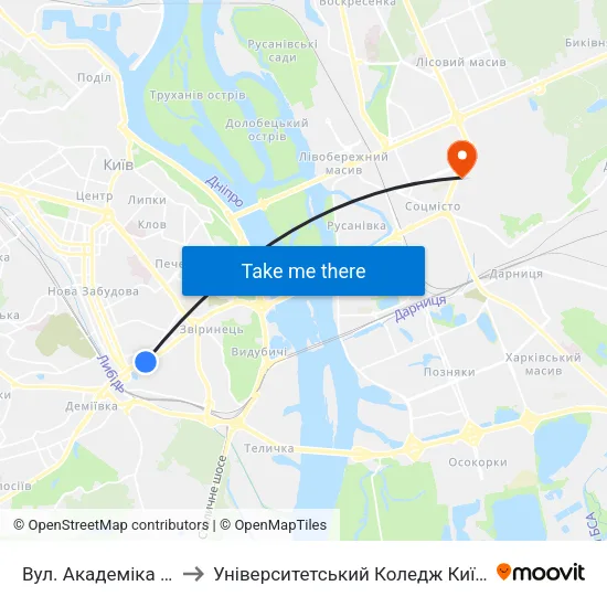 Вул. Академіка Філатова (На Вимогу) to Університетський Коледж Київського Університету Ім. Б. Грінченка map