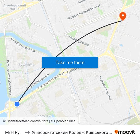 М/Н Русанівка to Університетський Коледж Київського Університету Ім. Б. Грінченка map