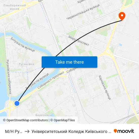 М/Н Русанівка to Університетський Коледж Київського Університету Ім. Б. Грінченка map