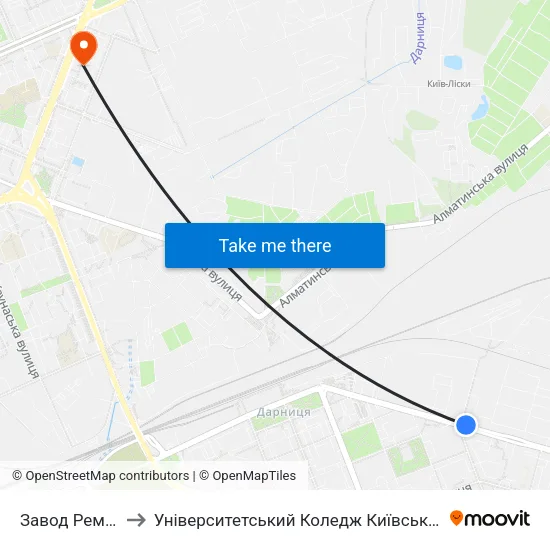 Завод Ремшляхтехніка to Університетський Коледж Київського Університету Ім. Б. Грінченка map
