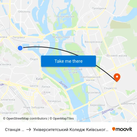 Станція Почайна to Університетський Коледж Київського Університету Ім. Б. Грінченка map