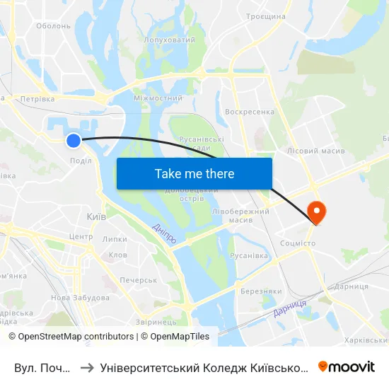 Вул. Почайнинська to Університетський Коледж Київського Університету Ім. Б. Грінченка map