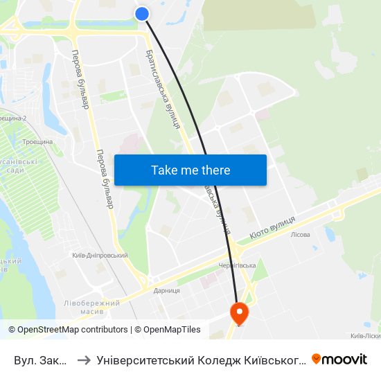 Вул. Закревського to Університетський Коледж Київського Університету Ім. Б. Грінченка map