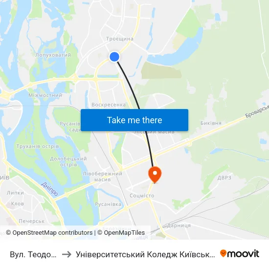 Вул. Теодора Драйзера to Університетський Коледж Київського Університету Ім. Б. Грінченка map