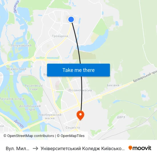 Вул. Милославська to Університетський Коледж Київського Університету Ім. Б. Грінченка map