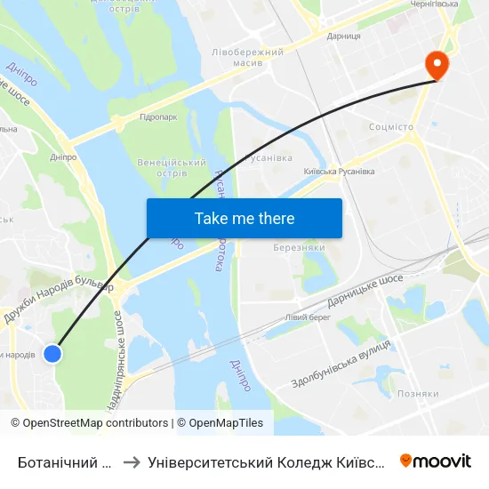 Ботанічний Сад Ім. Гришка to Університетський Коледж Київського Університету Ім. Б. Грінченка map