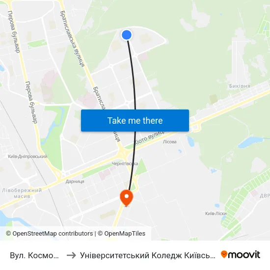 Вул. Космонавта Волкова to Університетський Коледж Київського Університету Ім. Б. Грінченка map