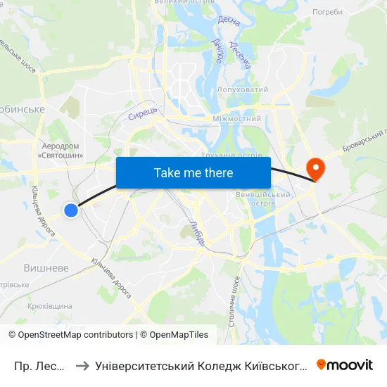 Пр. Леся Курбаса to Університетський Коледж Київського Університету Ім. Б. Грінченка map
