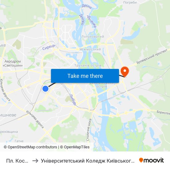 Пл. Космонавтів to Університетський Коледж Київського Університету Ім. Б. Грінченка map