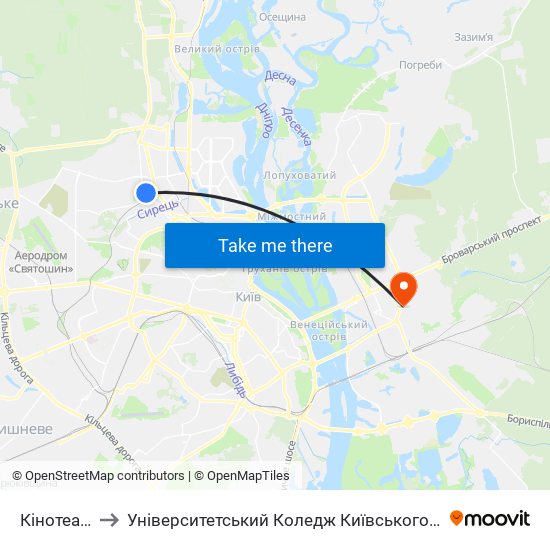 Кінотеатр Кадр to Університетський Коледж Київського Університету Ім. Б. Грінченка map