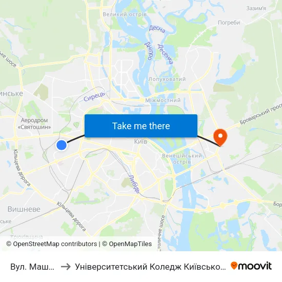 Вул. Машинобудівна to Університетський Коледж Київського Університету Ім. Б. Грінченка map