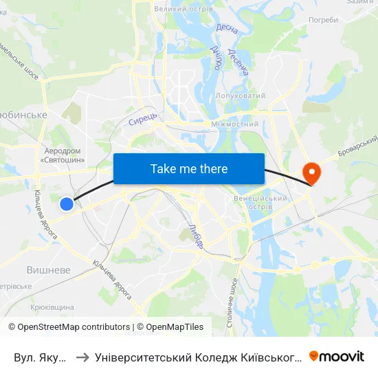 Вул. Якуба Коласа to Університетський Коледж Київського Університету Ім. Б. Грінченка map