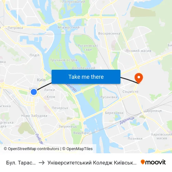 Бул. Тараса Шевченка to Університетський Коледж Київського Університету Ім. Б. Грінченка map