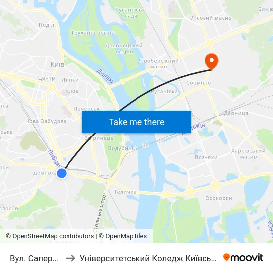 Вул. Саперно-Слобідська to Університетський Коледж Київського Університету Ім. Б. Грінченка map